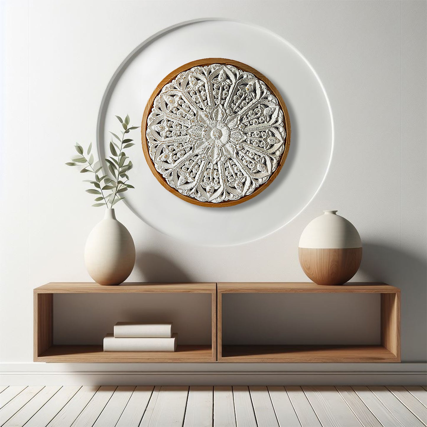 Rustic Carved Wood Wall Art - Round White Wooden Wall Decor (17 inch)