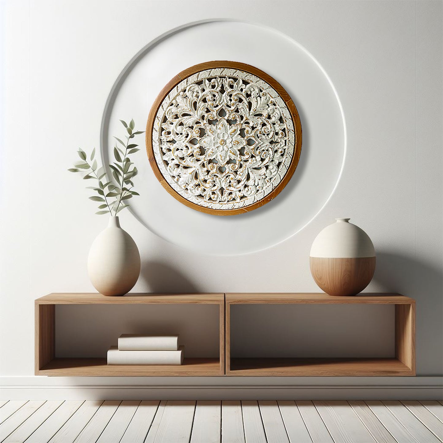 Rustic Carved Wood Wall Art - Round White Wooden Wall Decor (17 inch)