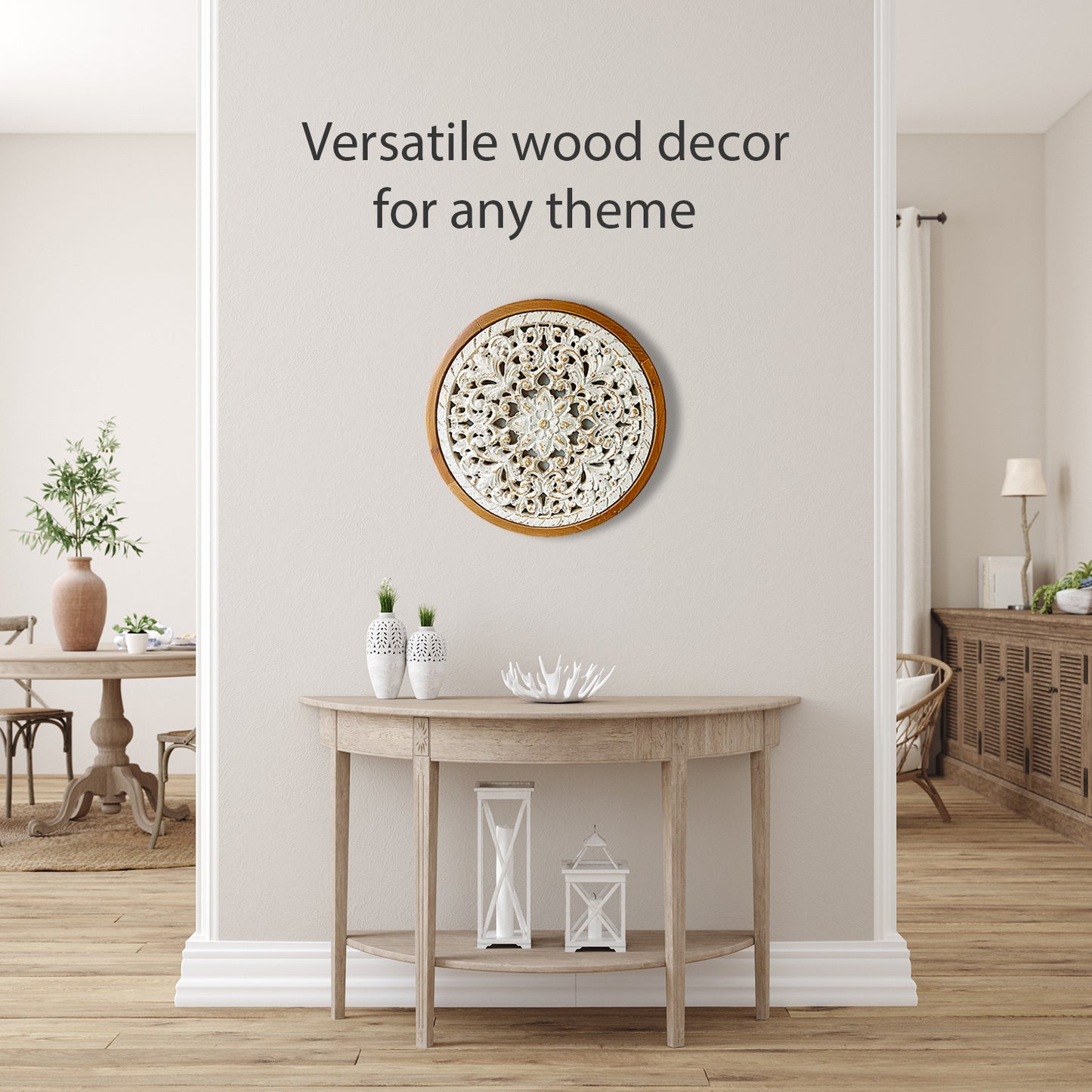 Rustic Carved Wood Wall Art - Round White Wooden Wall Decor (17 inch)