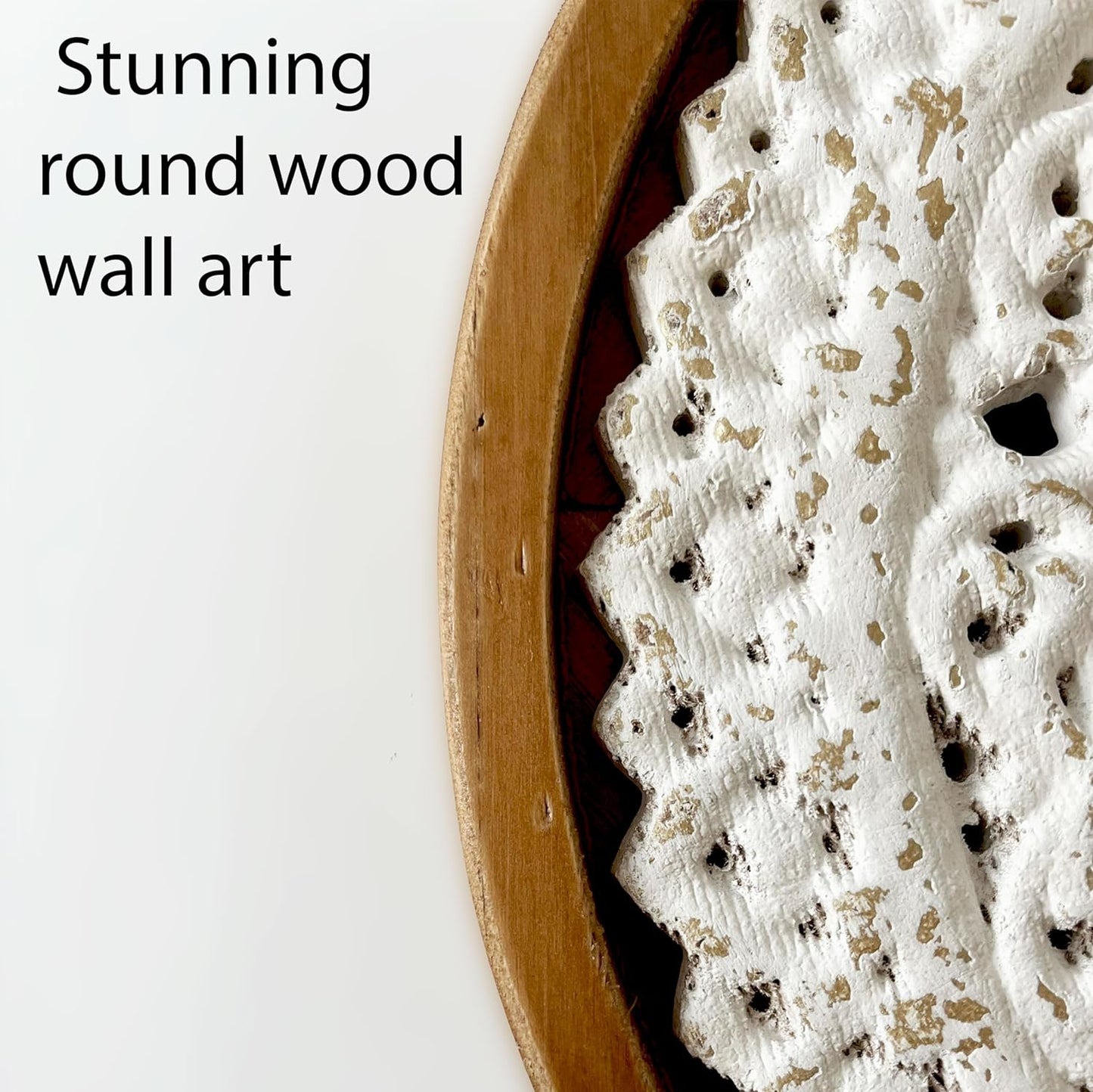 Rustic Carved Wood Wall Art - Round White Wooden Wall Decor (13 inch)