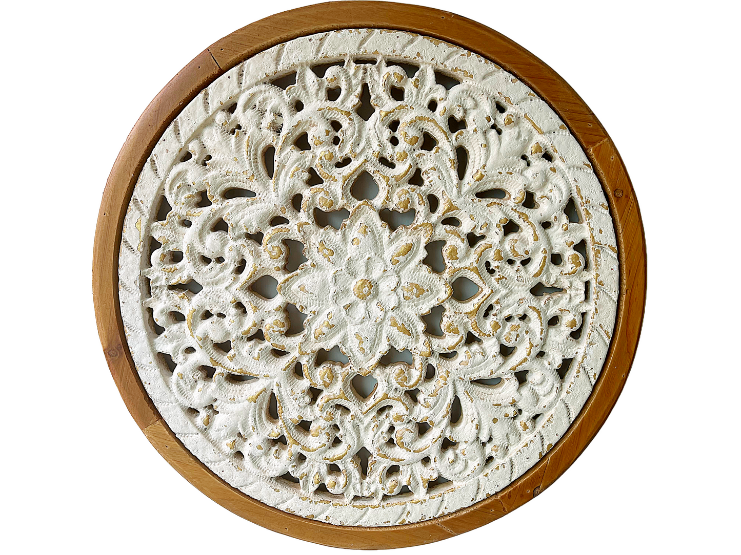 Rustic Carved Wood Wall Art - Round White Wooden Wall Decor (17 inch)