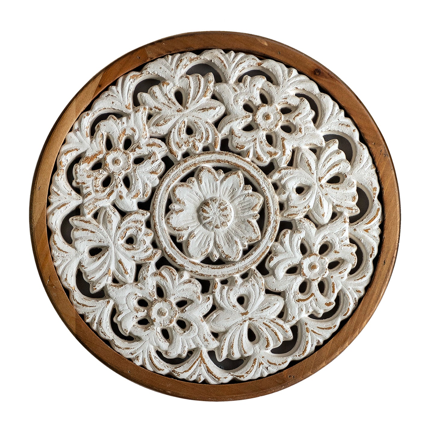 Rustic Carved Wood Wall Art - Round White Wooden Wall Decor (13 inch)