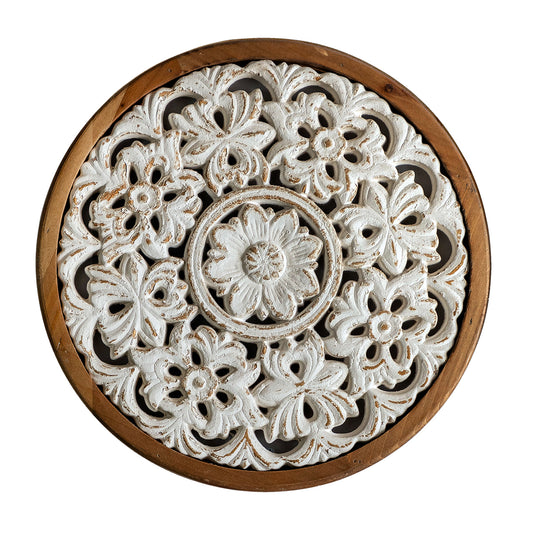 Rustic Carved Wood Wall Art - Round White Wooden Wall Decor (13 inch)