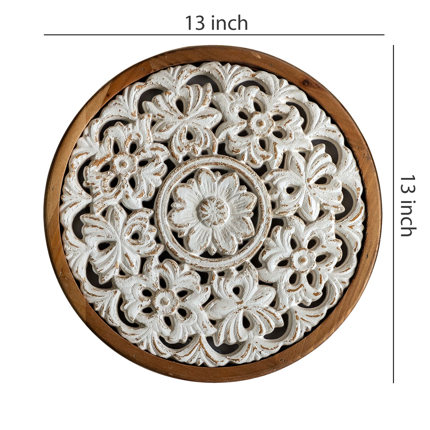 Rustic Carved Wood Wall Art - Round White Wooden Wall Decor (13 inch)