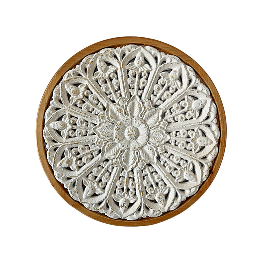 Rustic Carved Wood Wall Art - Round White Wooden Wall Decor (17 inch)