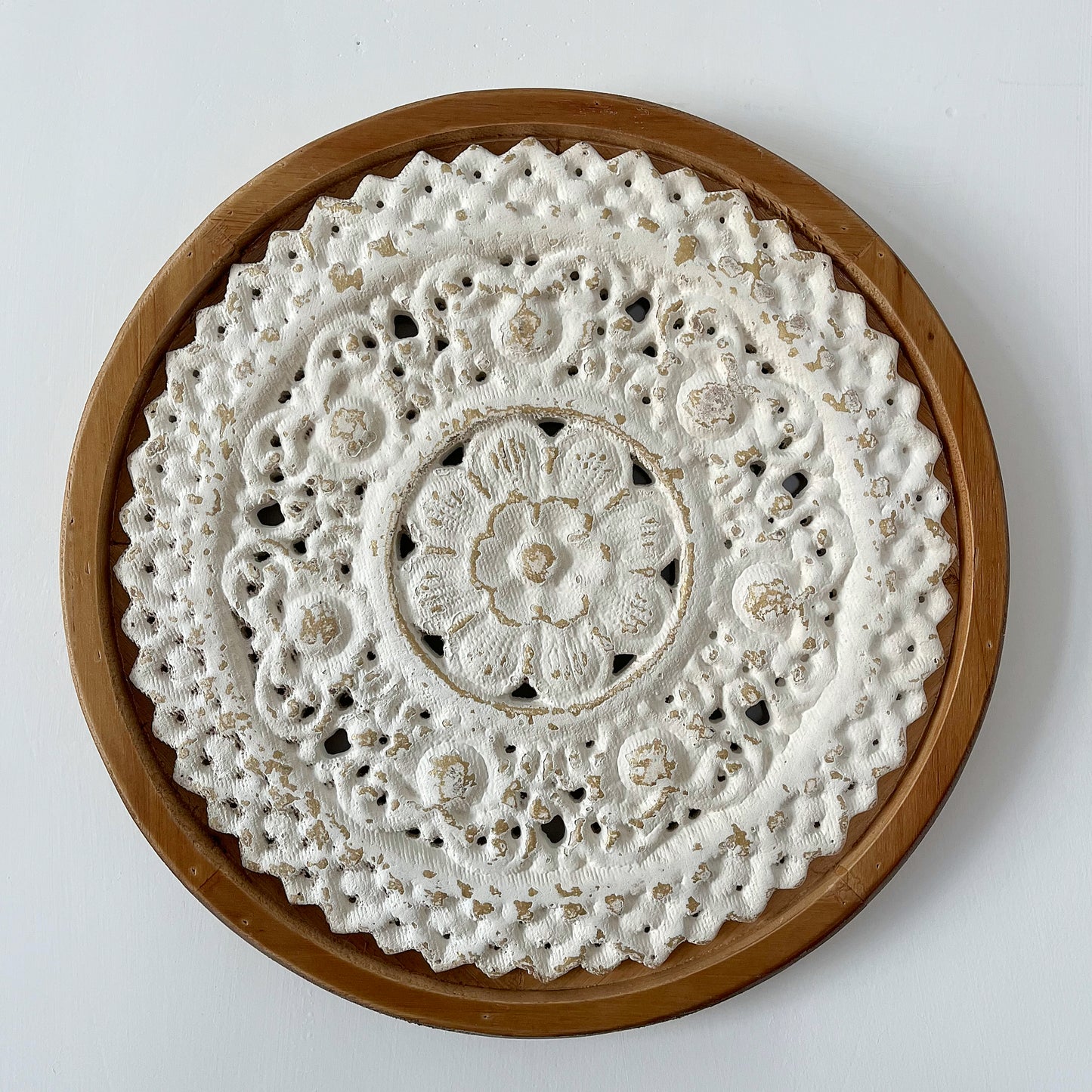 Rustic Carved Wood Wall Art - Round White Wooden Wall Decor (13 inch)